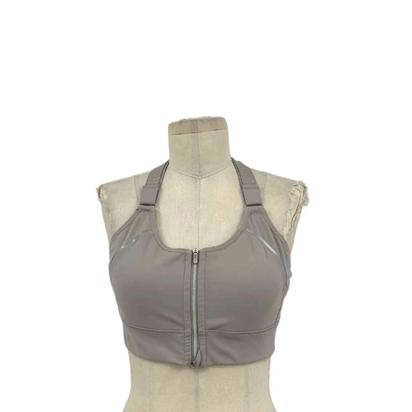 Athleta‎ Empower Sports Bra Taupe Grey Zip Front Brami Racerback Size Medium - Picture 2 of 8